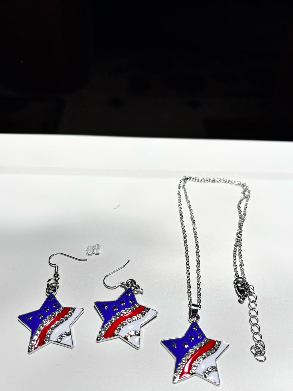 Patriotic Star Necklace and Earring Set - Blue, Red & White Enamel w/crystals